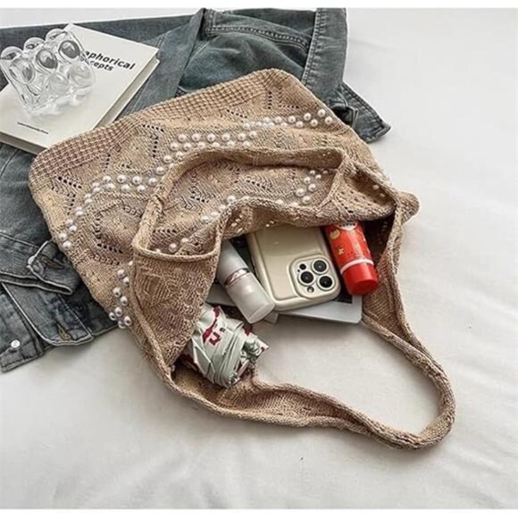 Boho Crochet Beach Tote with White Bead Inlay - Picture 4 of 5
